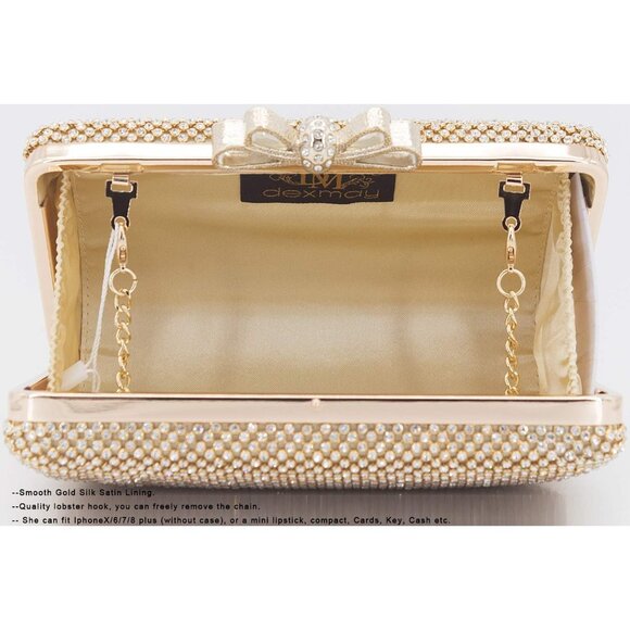 ⚡ Women's Gold Rhinestone Crystal Bow Clasp Metal Chain Evening Clutch Handbag - Picture 5 of 7
